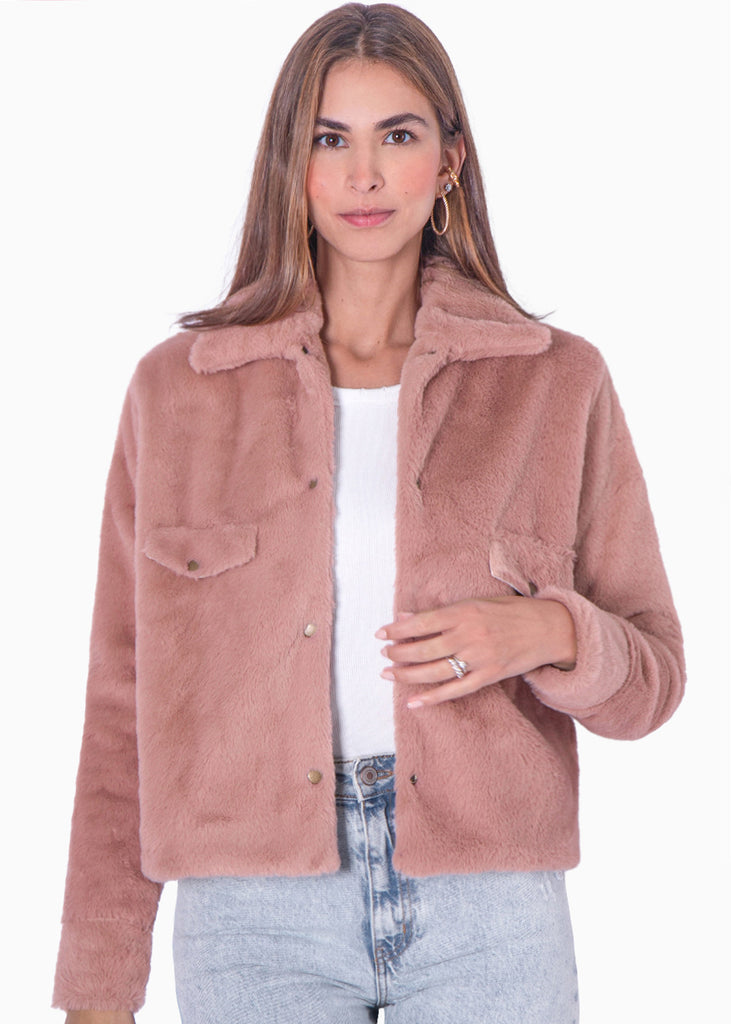 Chaqueta de botones con pelo sintético color rosado para mujer - Flashy