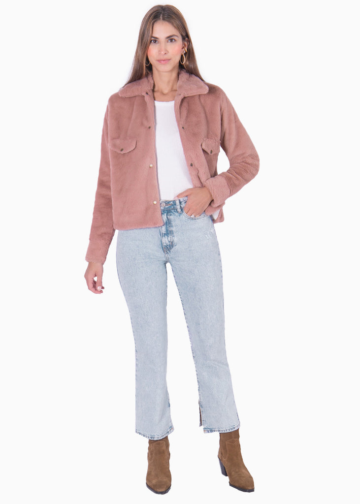 Chaqueta de botones con pelo sintético color rosado para mujer - Flashy