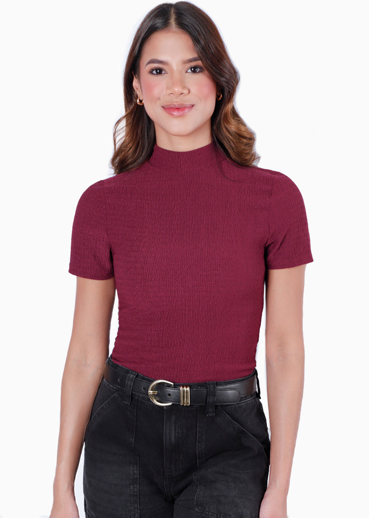 Blusa manga corta con cuello alto color vino para mujer - Flashy