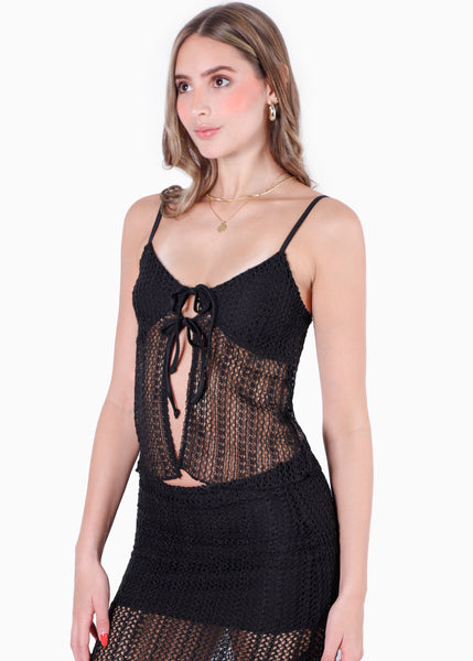 Blusa con anudados en delantero y tela tipo crochet color negro para mujer - Flashy