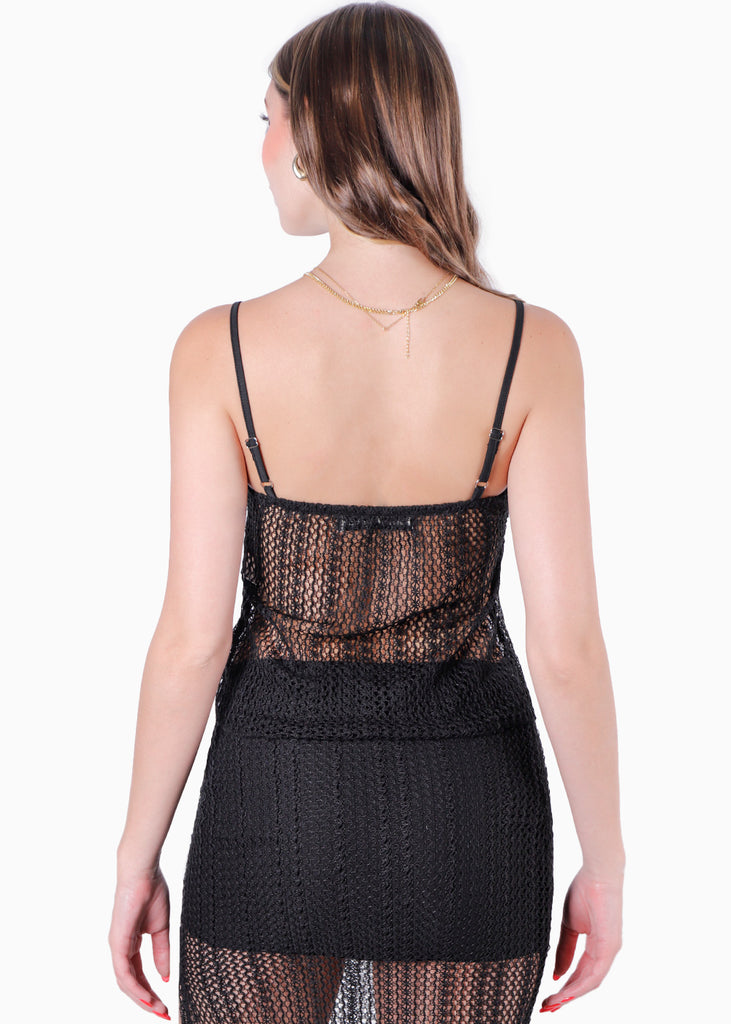 Blusa con anudados en delantero y tela tipo crochet color negro para mujer - Flashy