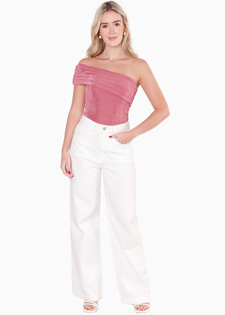 Blusa con escote off shoulder y de un solo hombro color rosado para mujer - Flashy