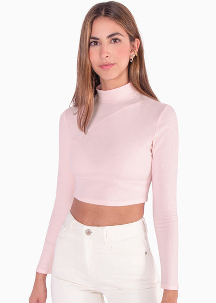 Blusa corta de cuello alto y manga larga color rosado para mujer - Flashy