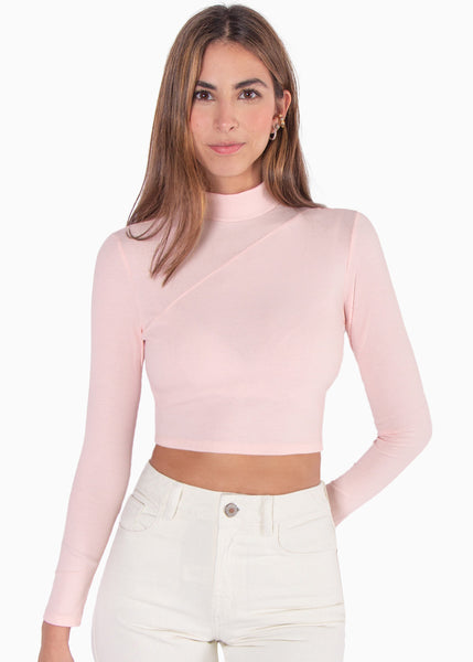 Blusa corta de cuello alto y manga larga color rosado para mujer - Flashy