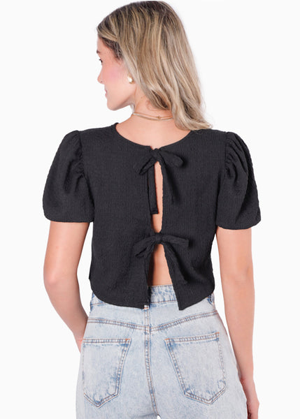 Blusa corta de manga corta con anudados en espalda color negro para mujer - Flashy