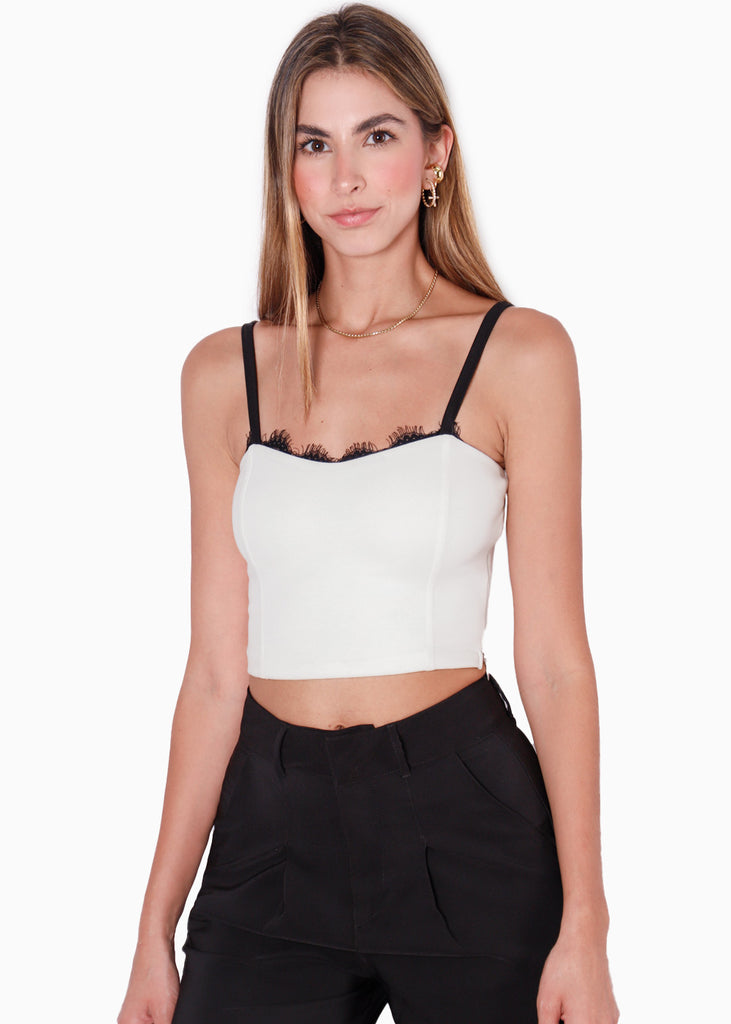 Blusa corta de tiras con encaje en escote color blanco, marfil para mujer - Flashy