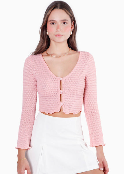 Blusa corta manga larga con botones color rosado para mujer - Flashy