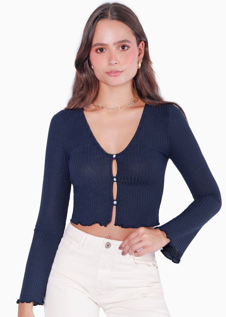 Blusa corta manga larga con botones color azul para mujer - Flashy