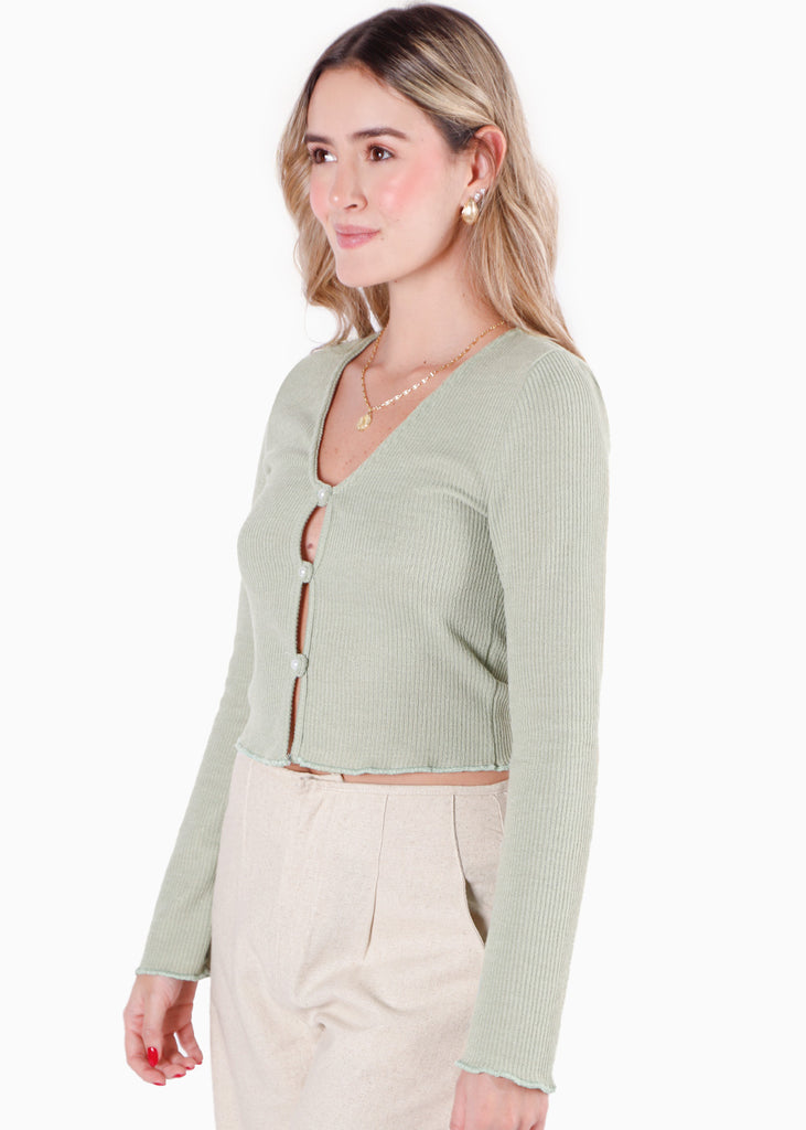 Blusa corta manga larga con botones color verde para mujer - Flashy