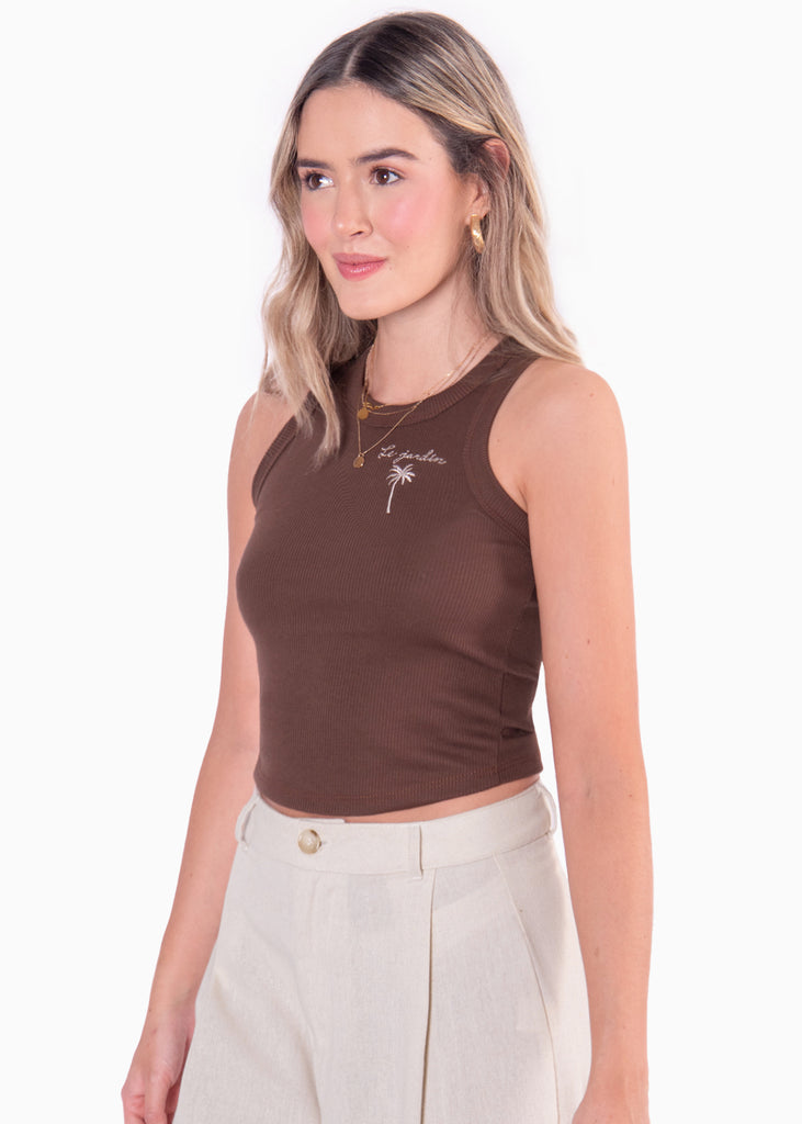 Blusa corta sin mangas con cuello halter y bordado color café para mujer - Flashy