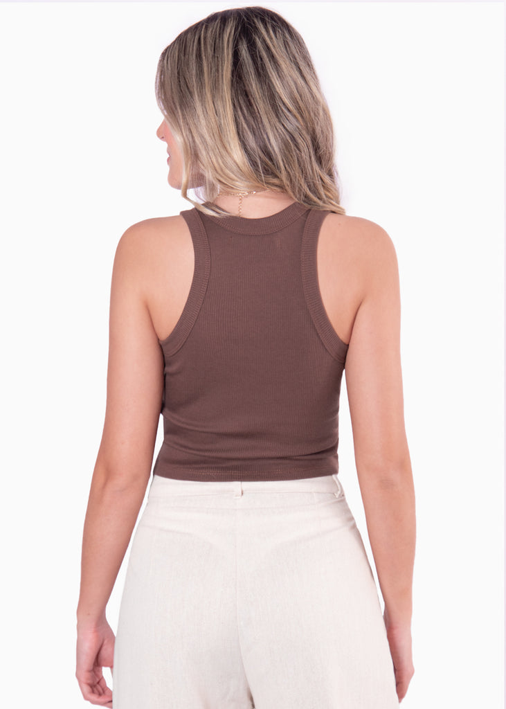 Blusa corta sin mangas con cuello halter y bordado color café para mujer - Flashy