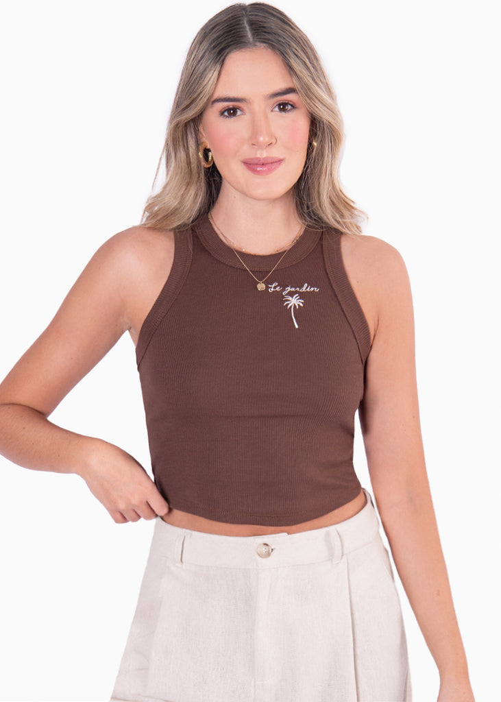 Blusa corta sin mangas con cuello halter y bordado color café para mujer - Flashy