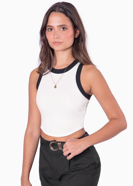 Blusa corta sin mangas con cuello halter y sesgos en contraste color blanco, marfil para mujer - Flashy