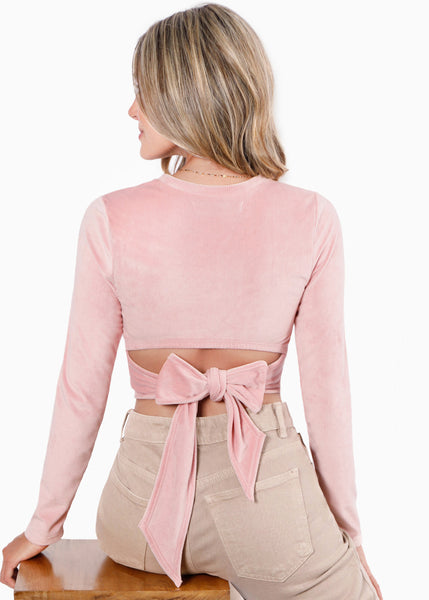 Blusa crop manga larga con abertura y anudado en espalda color rosado para mujer - Flashy