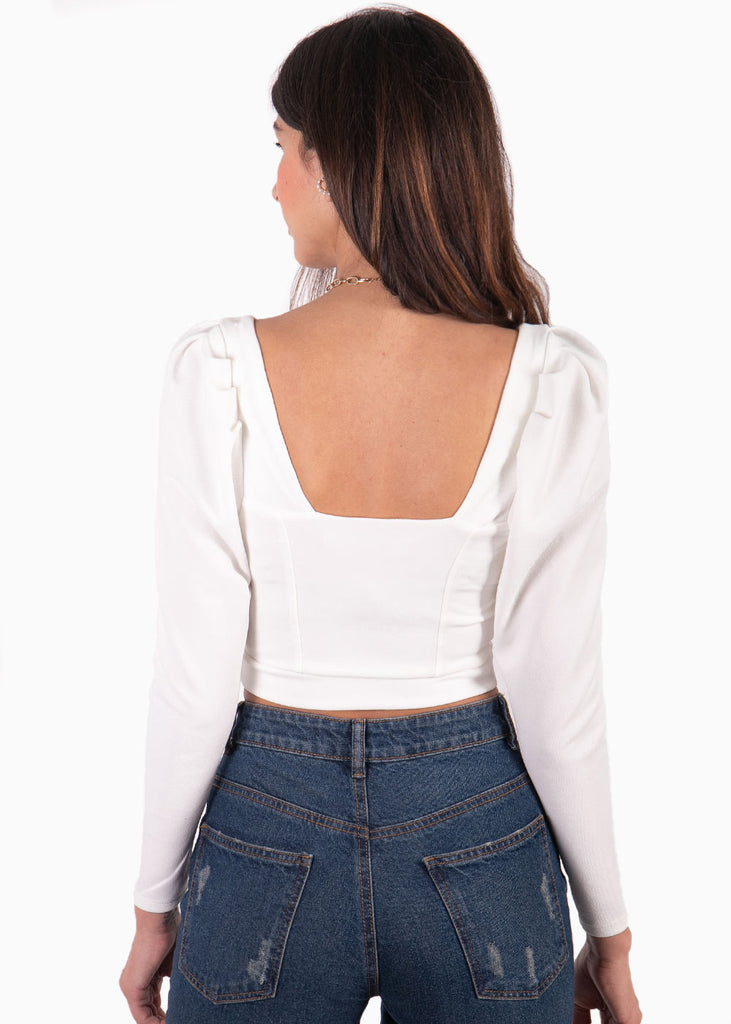 Blusa crop manga larga con escote cuadrado color blanco, marfil para mujer - Flashy