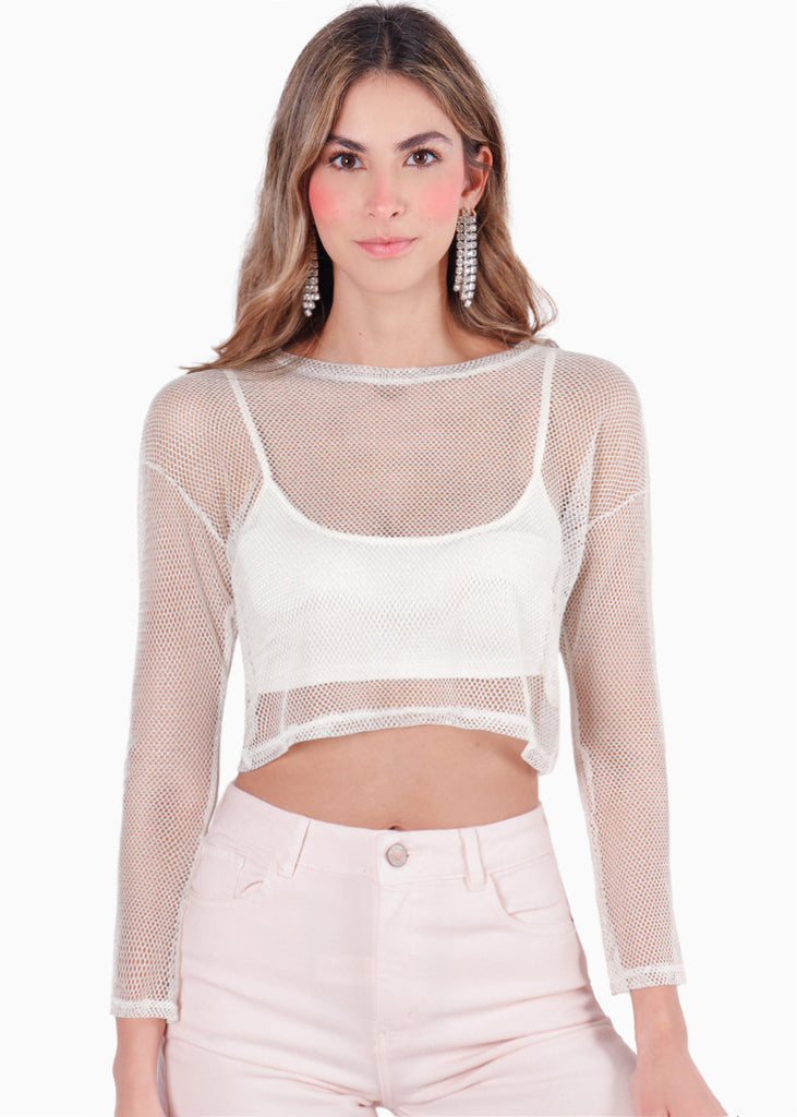 Blusa de malla manga larga con efecto brillo color blanco, marfil para mujer - Flashy