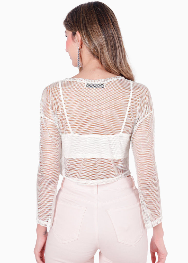 Blusa de malla manga larga con efecto brillo color blanco, marfil para mujer - Flashy