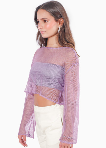 Blusa de malla manga larga con efecto brillo color lila para mujer - Flashy