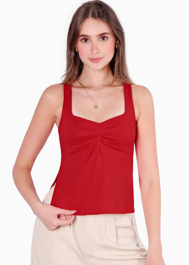 Blusa de tiras con recogido en escote color rojo para mujer - Flashy