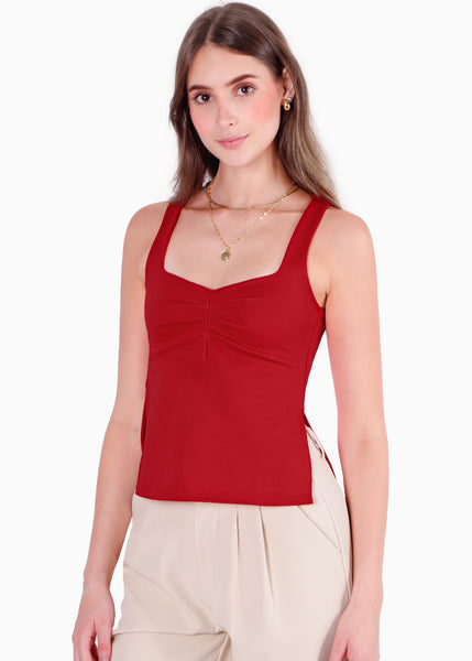 Blusa de tiras con recogido en escote color rojo para mujer - Flashy