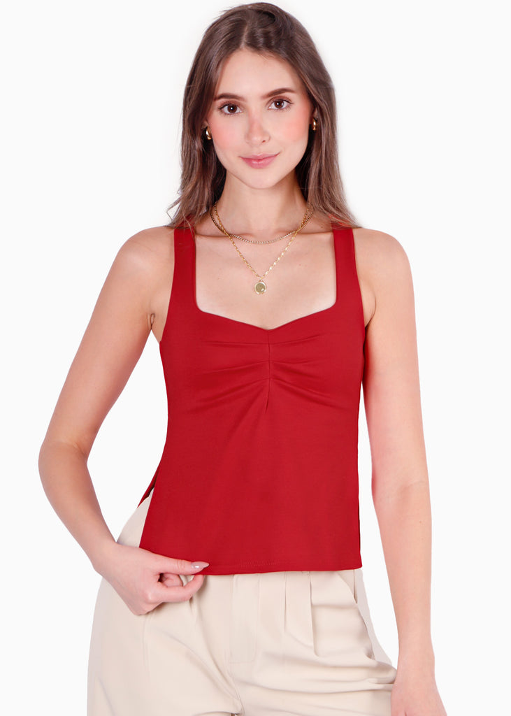 Blusa de tiras con recogido en escote color rojo para mujer - Flashy