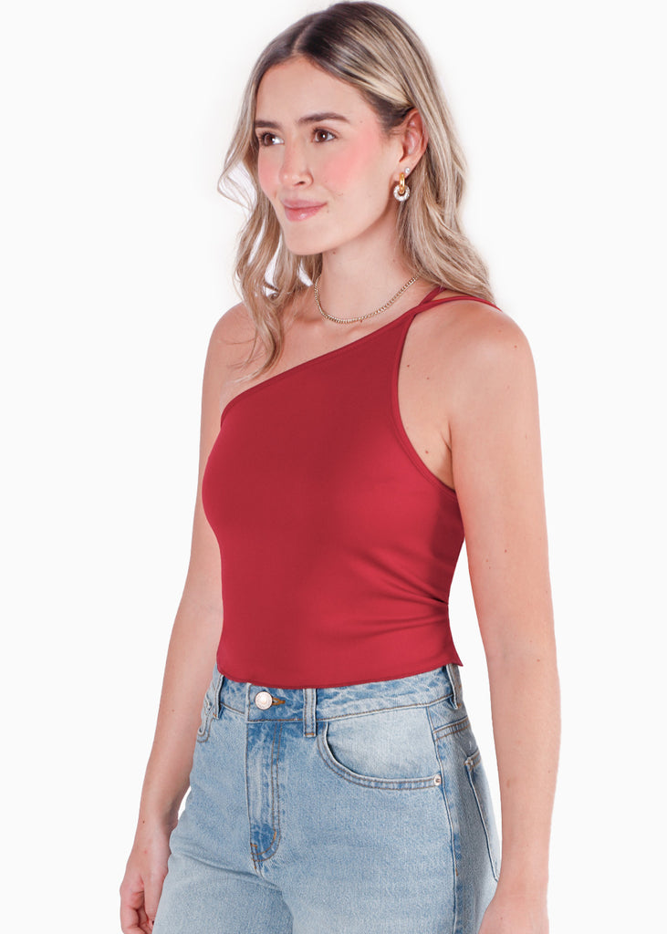 Blusa de un solo hombro con espalda descubierta y anudado color rojo para mujer - Flashy