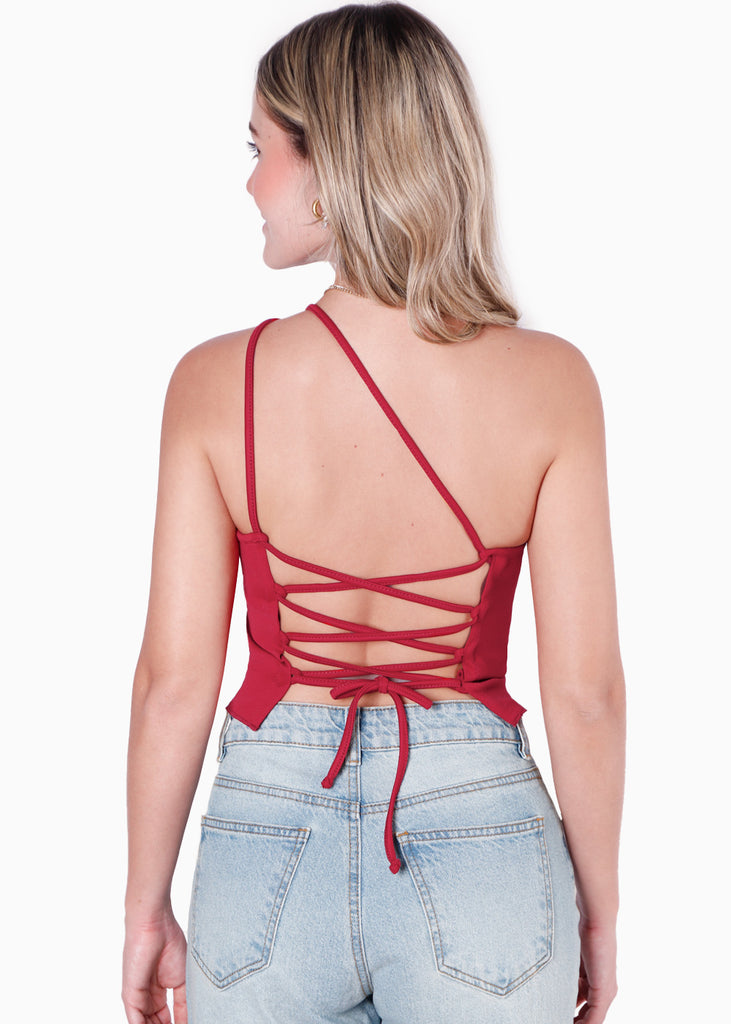 Blusa de un solo hombro con espalda descubierta y anudado color rojo para mujer - Flashy