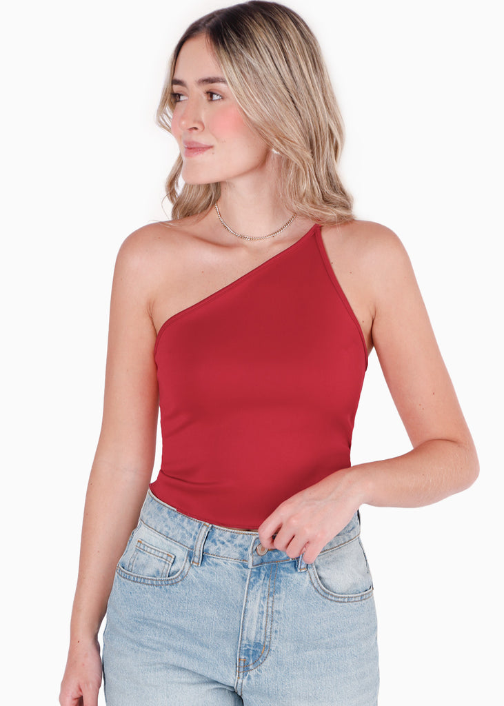 Blusa de un solo hombro con espalda descubierta y anudado color rojo para mujer - Flashy