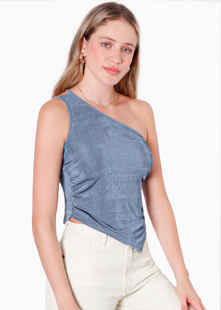 Blusa de un solo hombro con ruedo asimétrico color azul para mujer - Flashy