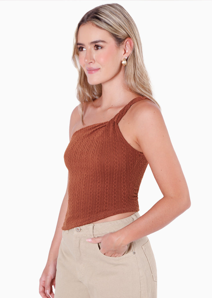 Blusa de un solo hombro color café para mujer - Flashy