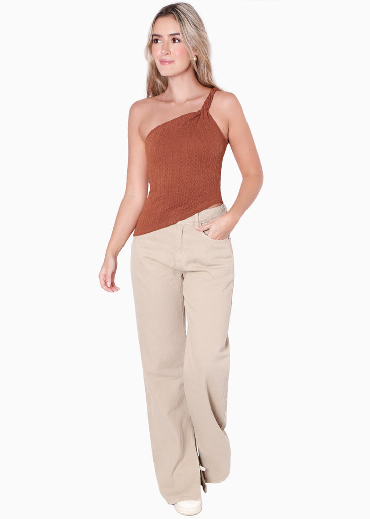 Blusa de un solo hombro color café para mujer - Flashy