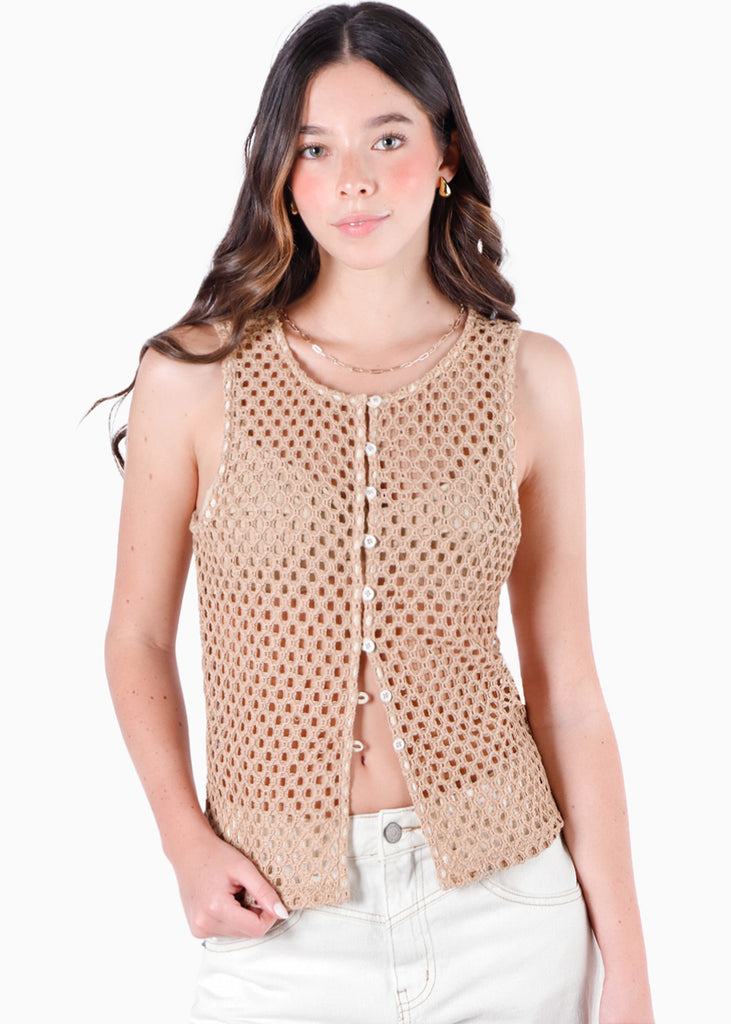 Blusa larga con botones y tela tipo crochet color beige para mujer - Flashy