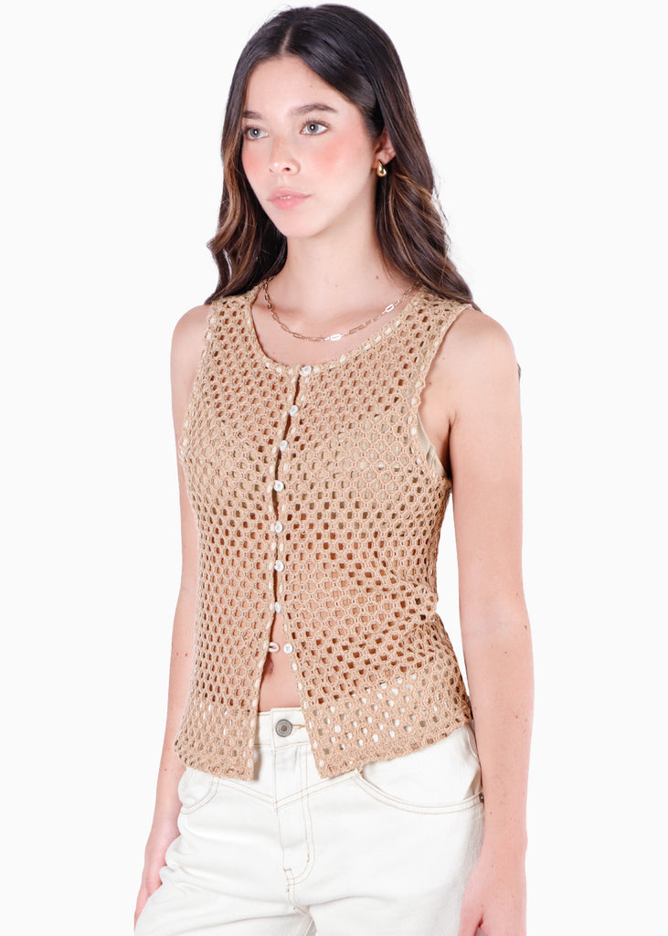 Blusa larga con botones y tela tipo crochet color beige para mujer - Flashy