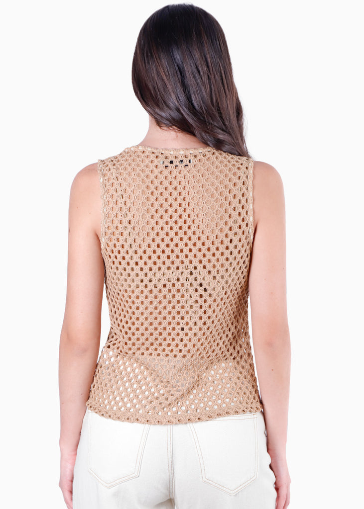 Blusa larga con botones y tela tipo crochet color beige para mujer - Flashy