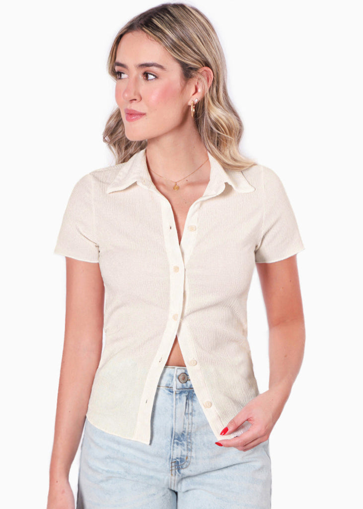 Blusa manga corta con botones y cuello color blanco, marfil para mujer - Flashy