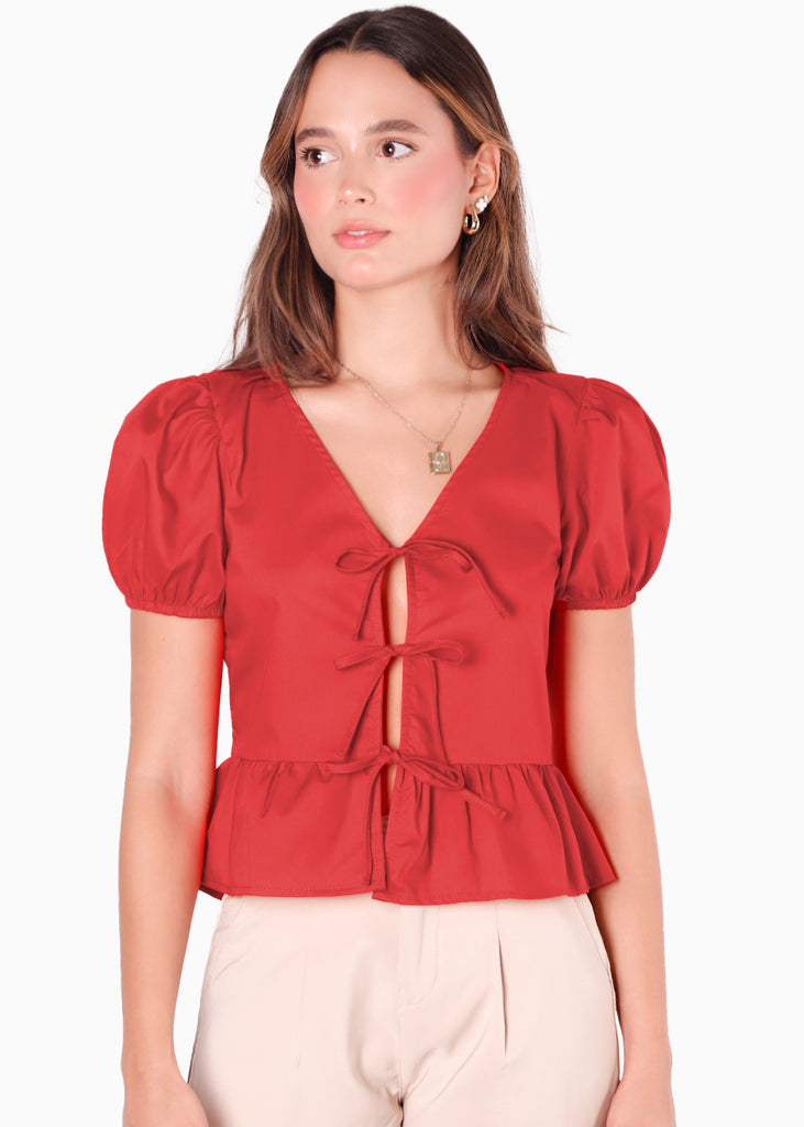 Blusa manga corta con mangas embobadas y anudados en frente color rojo para mujer - Flashy