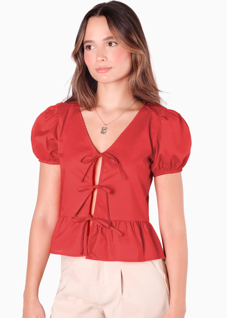 Blusa manga corta con mangas embobadas y anudados en frente color rojo para mujer - Flashy