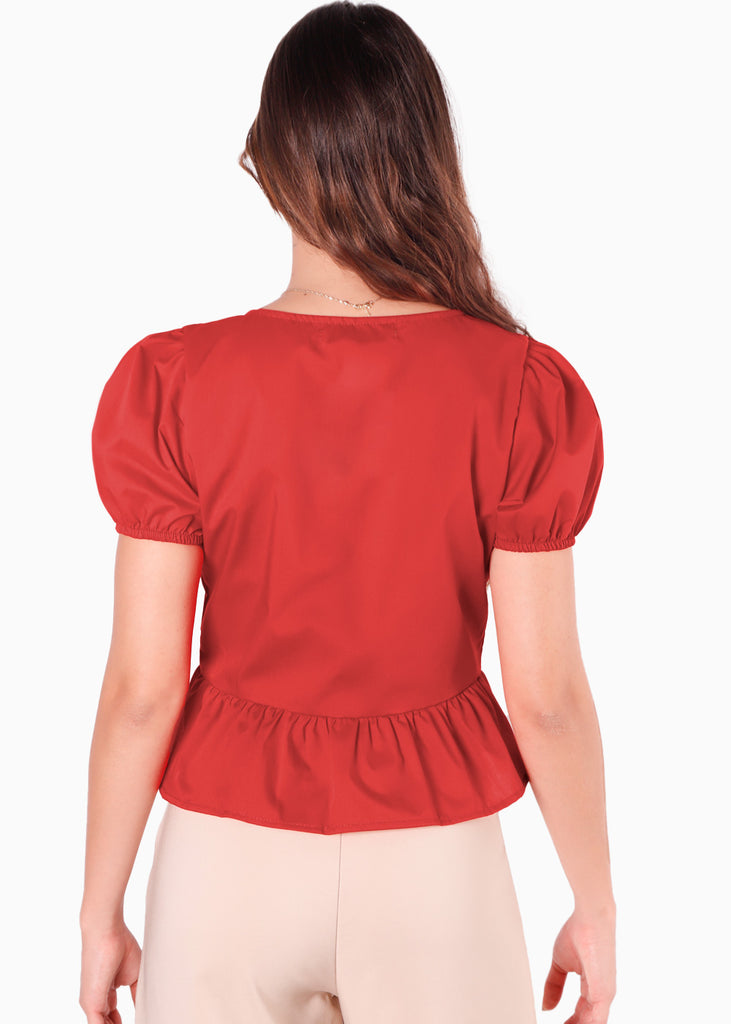 Blusa manga corta con mangas embobadas y anudados en frente color rojo para mujer - Flashy