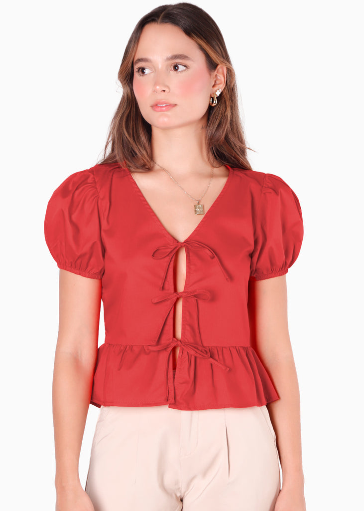 Blusa manga corta con mangas embobadas y anudados en frente color rojo para mujer - Flashy