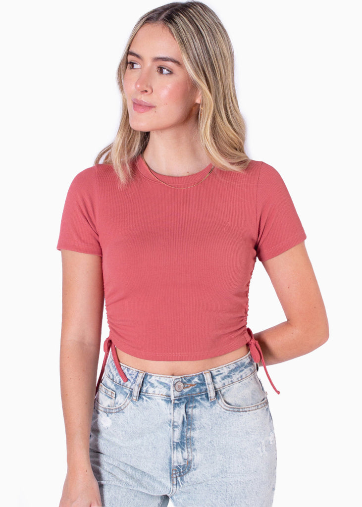 Blusa manga corta con recogidos en laterales color rosado para mujer - Flashy