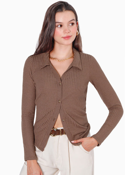 Blusa manga larga con botones y cuello color café para mujer - Flashy