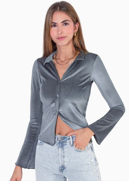 Blusa manga larga con botones y cuello color azul para mujer - Flashy
