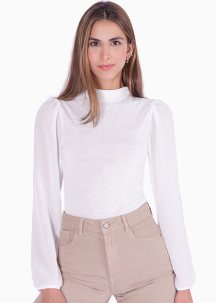 Blusa manga larga con cuello alto y recogido en mangas color marfil, blanco para mujer - Flashy