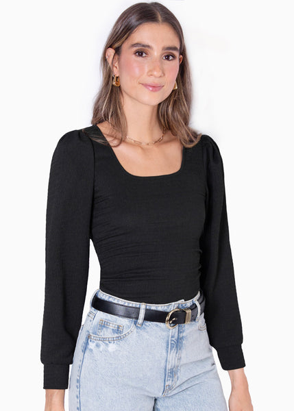 Blusa manga larga con escote cuadrado y mangas embombadas color negro para mujer - Flashy