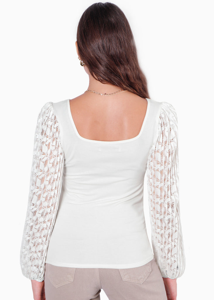 Blusa manga larga con escote cuadrado y transparencia en mangas color blanco, marfil para mujer - Flashy