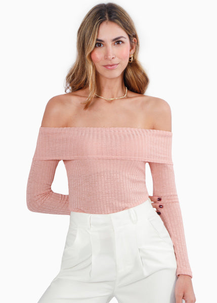 Blusa manga larga con escote off shoulder color rosado para mujer - Flashy