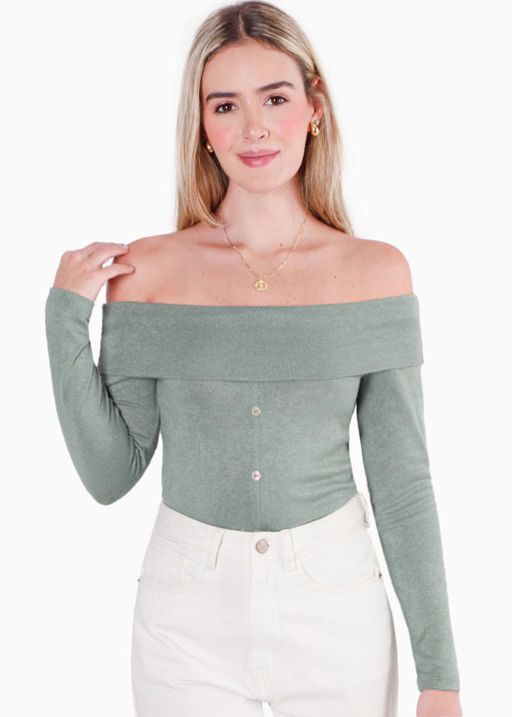 Blusa manga larga con escote off shoulder y botones color verde para mujer - Flashy