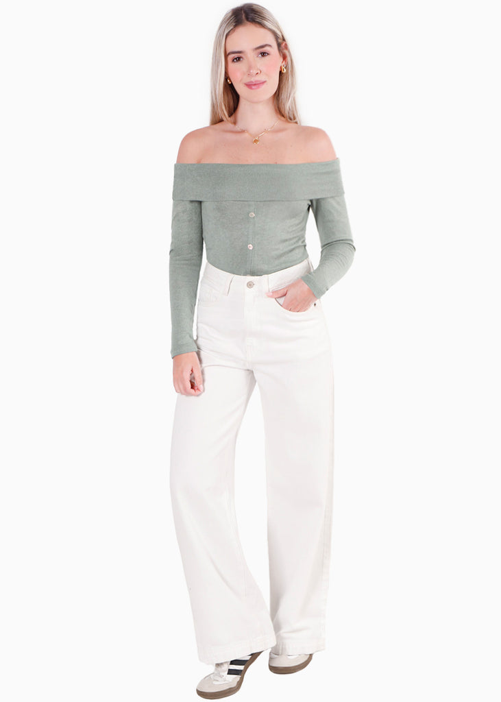 Blusa manga larga con escote off shoulder y botones color verde para mujer - Flashy