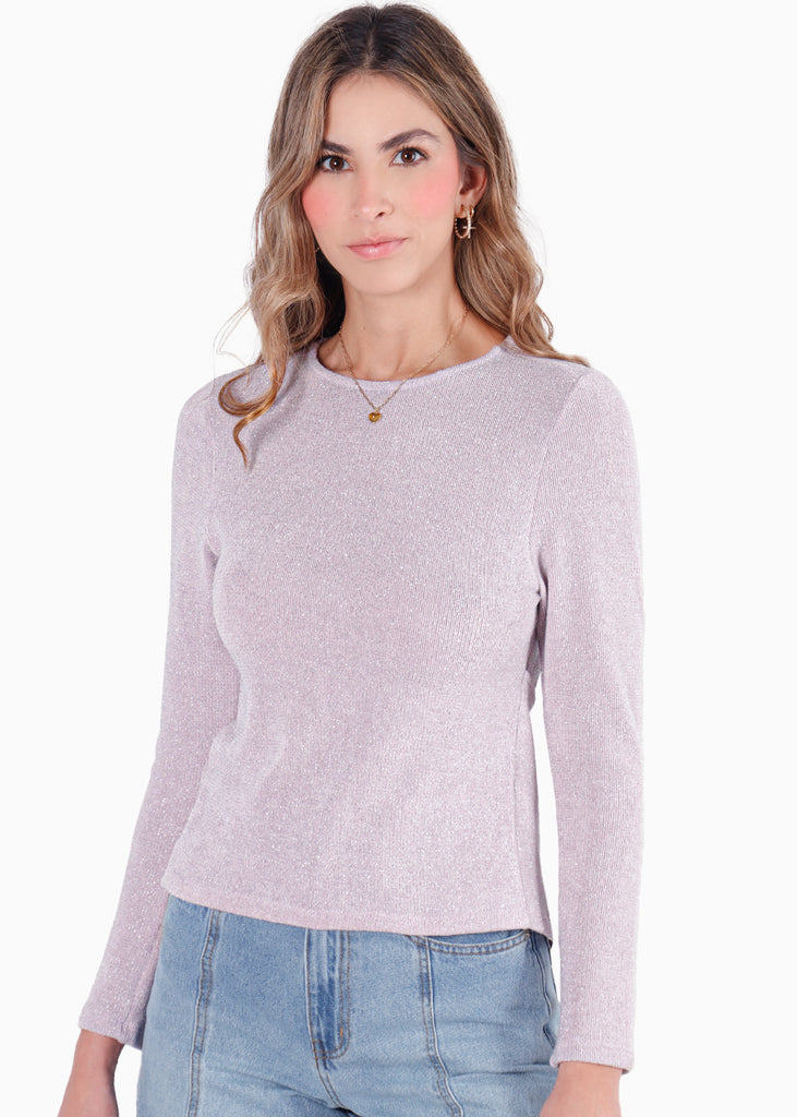 Blusa manga larga con espalda descubierta y anudado en contraste color lila para mujer - Flashy