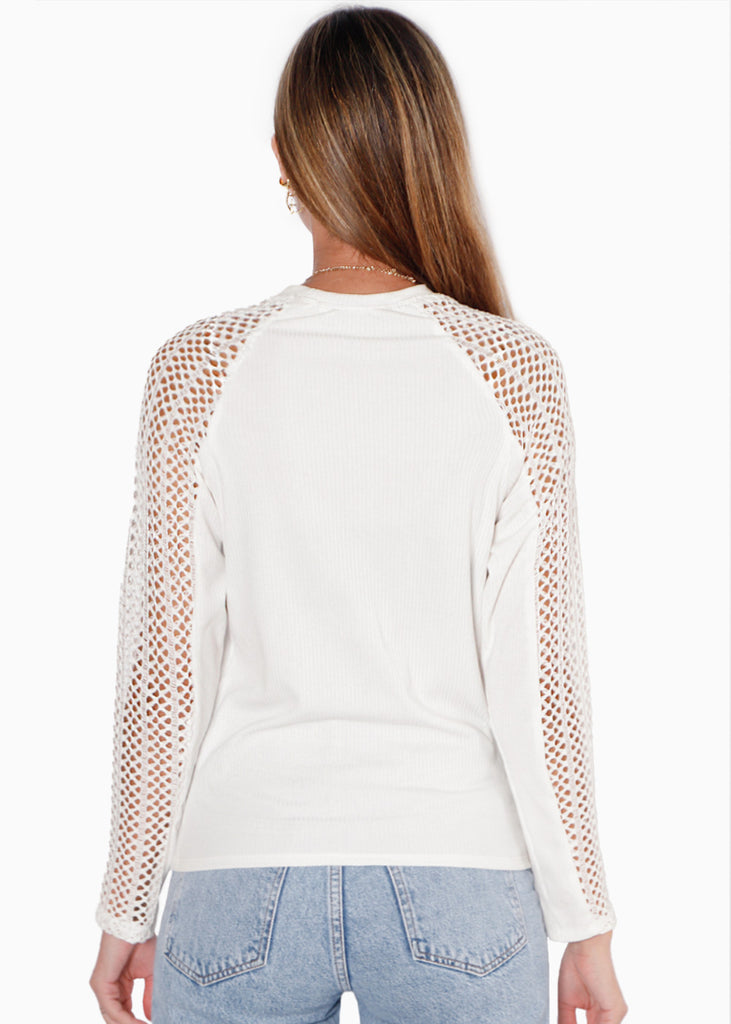 Blusa manga larga con mangas en croche color blanco, marfil para mujer - Flashy